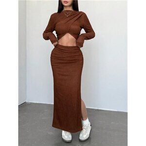 MOOSTA 2pcs/Set Y2K Casual Textured Fabric Asymmetrical Long Sleeve Top & Mini